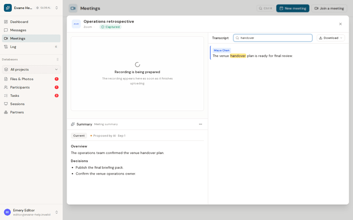 Evane meeting view with transcript and summary (demo data)