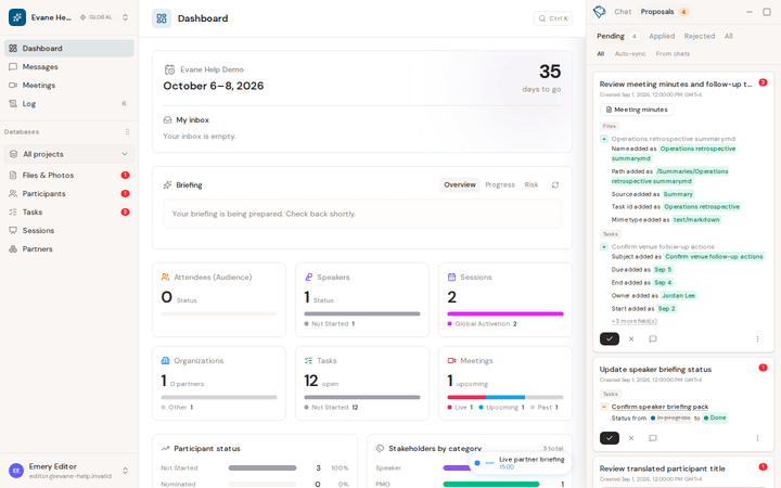 Evane dashboard with the list of pending proposals (demo data)